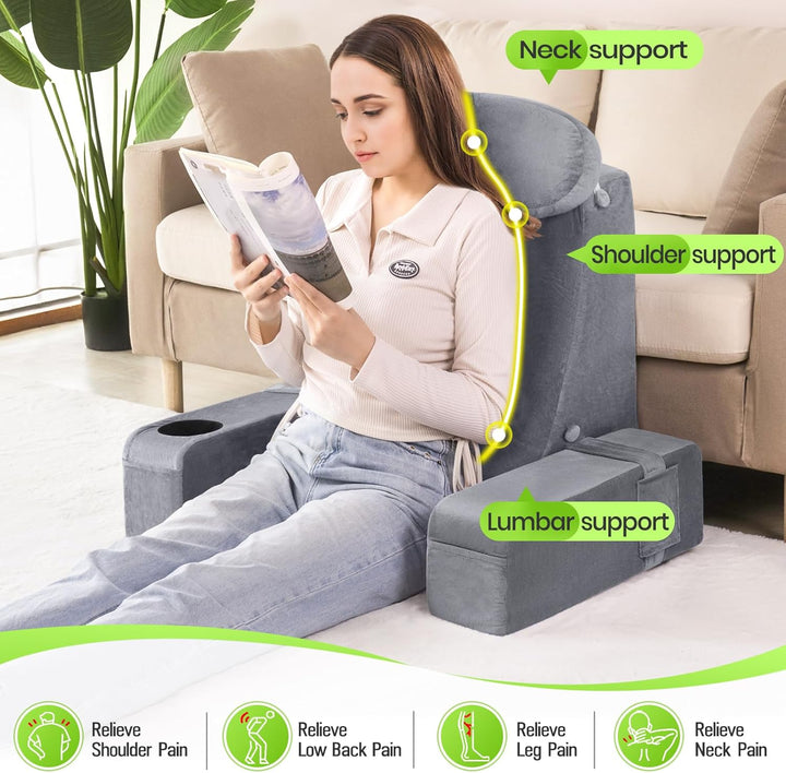 Lesekissen für Erwachsene - Rückenkissen fürs Bett mit abnehmbaren Armlehnen, Getränkehalter & Handy