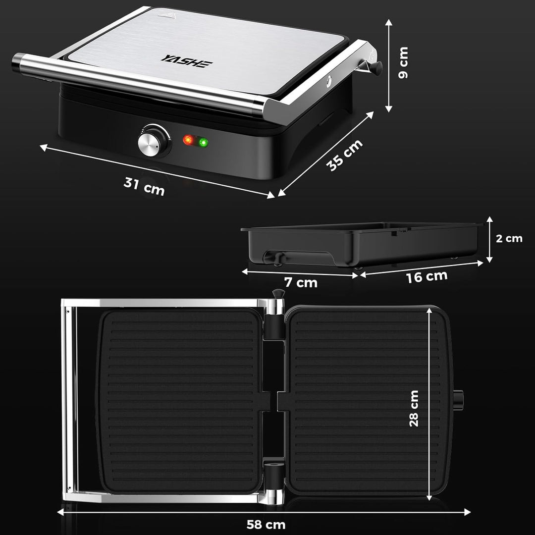 YASHE 2000W Kontaktgrill, Panini Grill mit 4 Scheiben, 180° Öffnung, Antihaftplatten, Temperatur ein