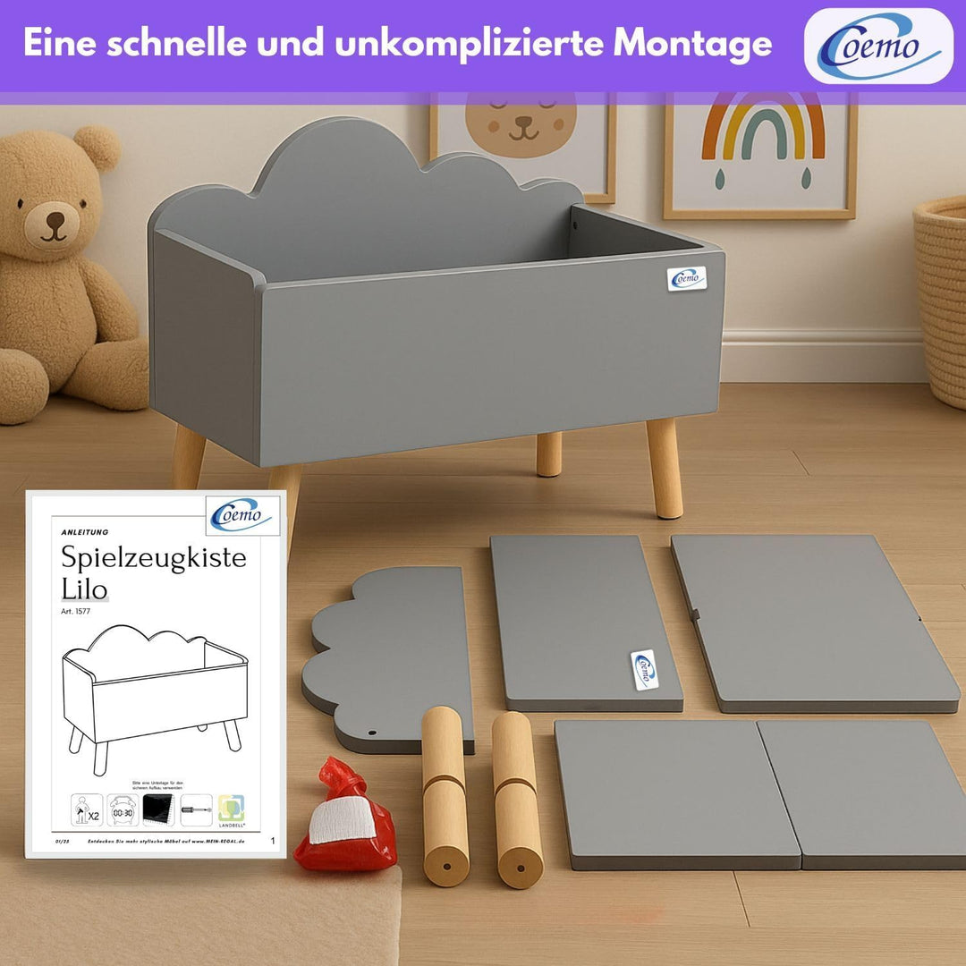 Spielzeugkiste Grau Kinderzimmer Lilo 28x58x44 cm – Aufbewahrungskiste mit Wolkenoptik, robuste MDF-