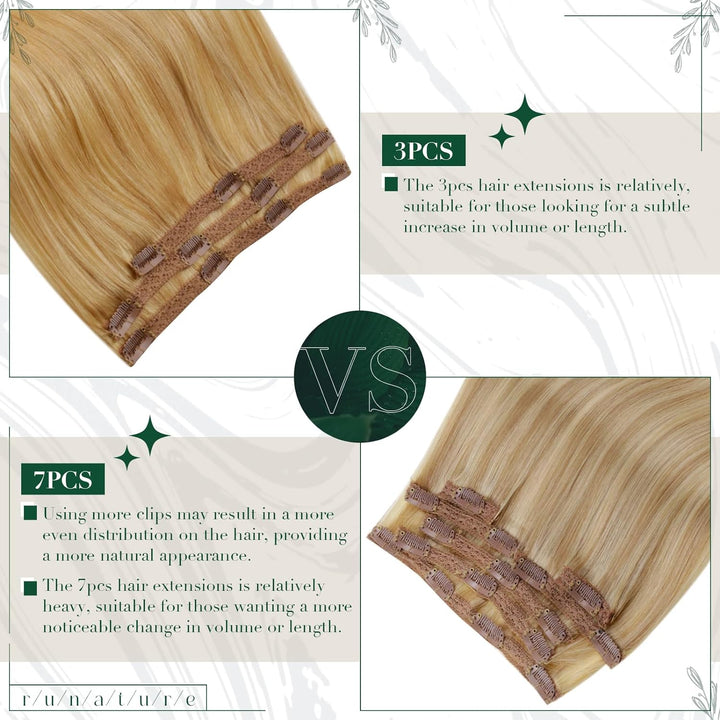 RUNATURE Clip in Extensions Echthaar Goldblond mit Hellblond Haarverlangerung Echthaar Clip in Glatt