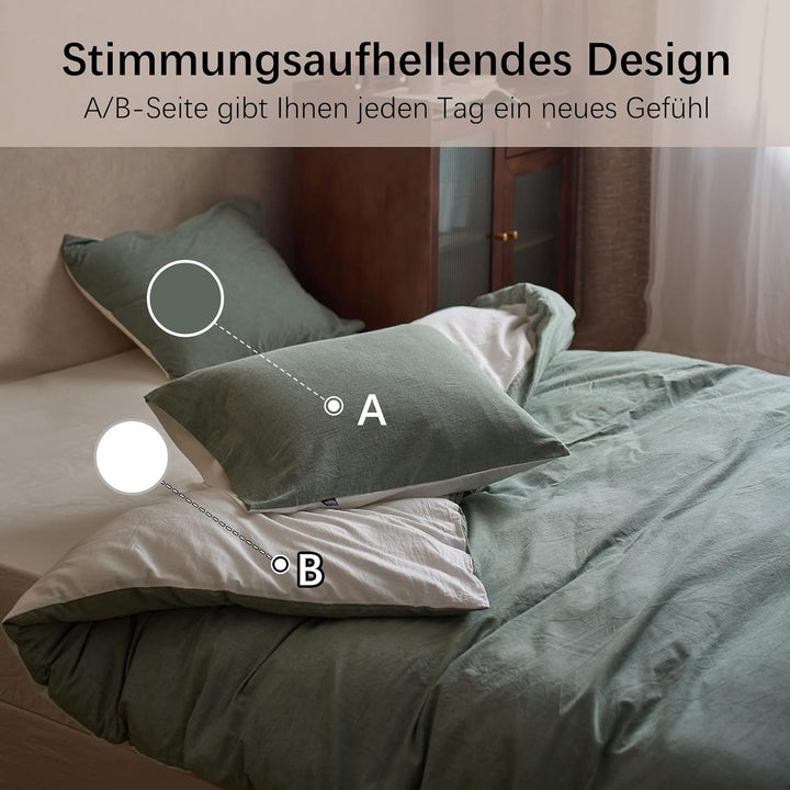 MILDLY 135x200 Baumwolle Salbeigrün, Bettwäsche-Sets 100% Gewaschene mit Leinenartigem Griff,Zertifi