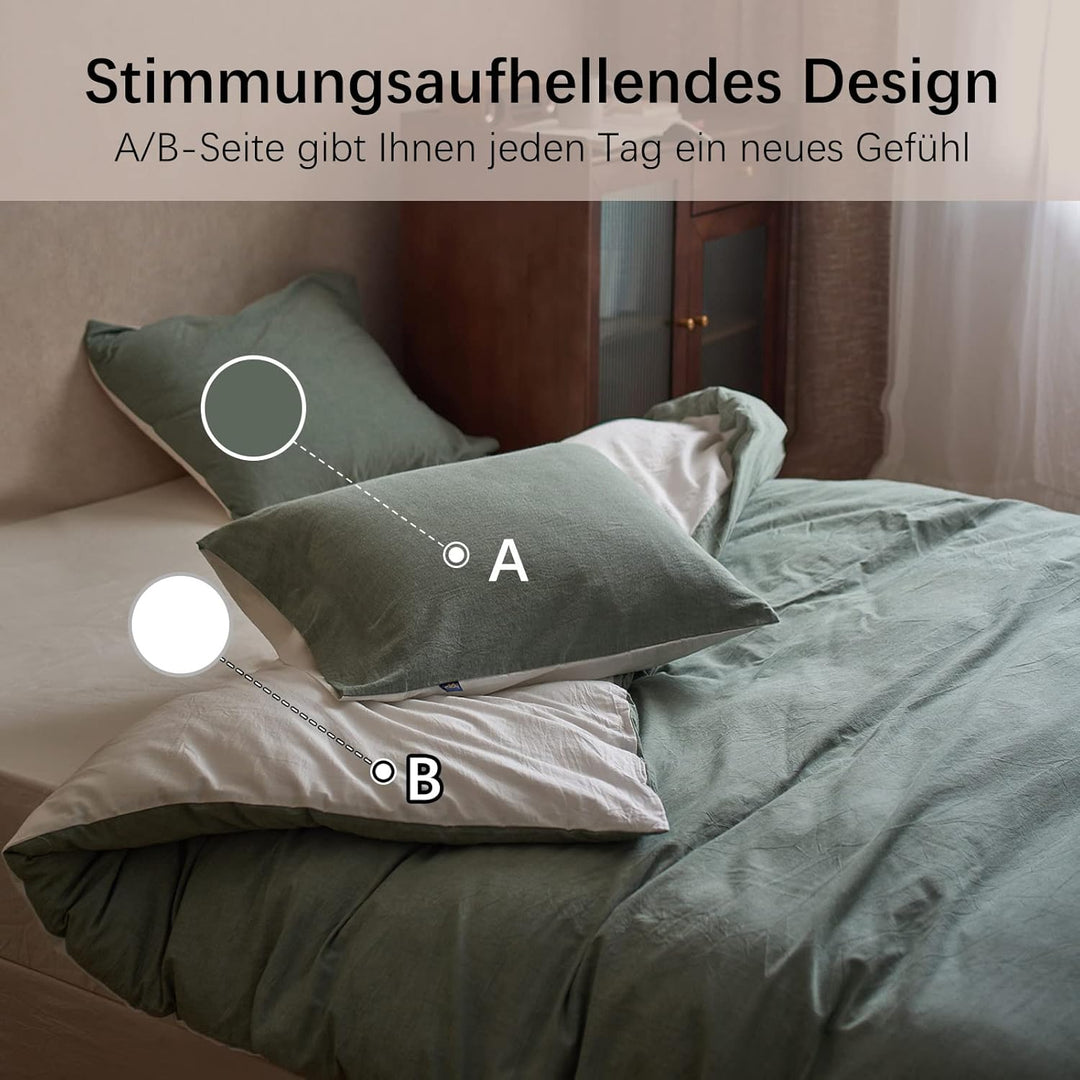MILDLY Bettwäsche 220x240 Baumwolle Salbeigrün, Bettwäsche-Sets 100% Gewaschene Baumwolle mit Leinen