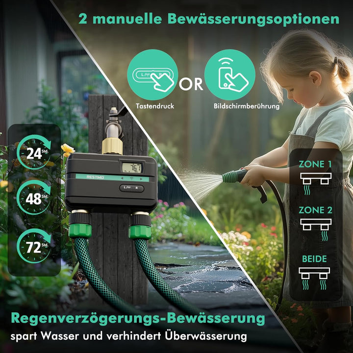 RESTMO Bewässerungscomputer 2 Ausgänge, Bluetooth Bewässerungstimer | App-Steuerung, 3 Modi (auto/ma