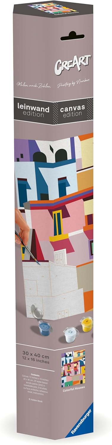 Ravensburger CreArt 25527 - Farbenfrohe Häuser - Malen nach Zahlen Erwachsene, DIY Malset mit Pinsel
