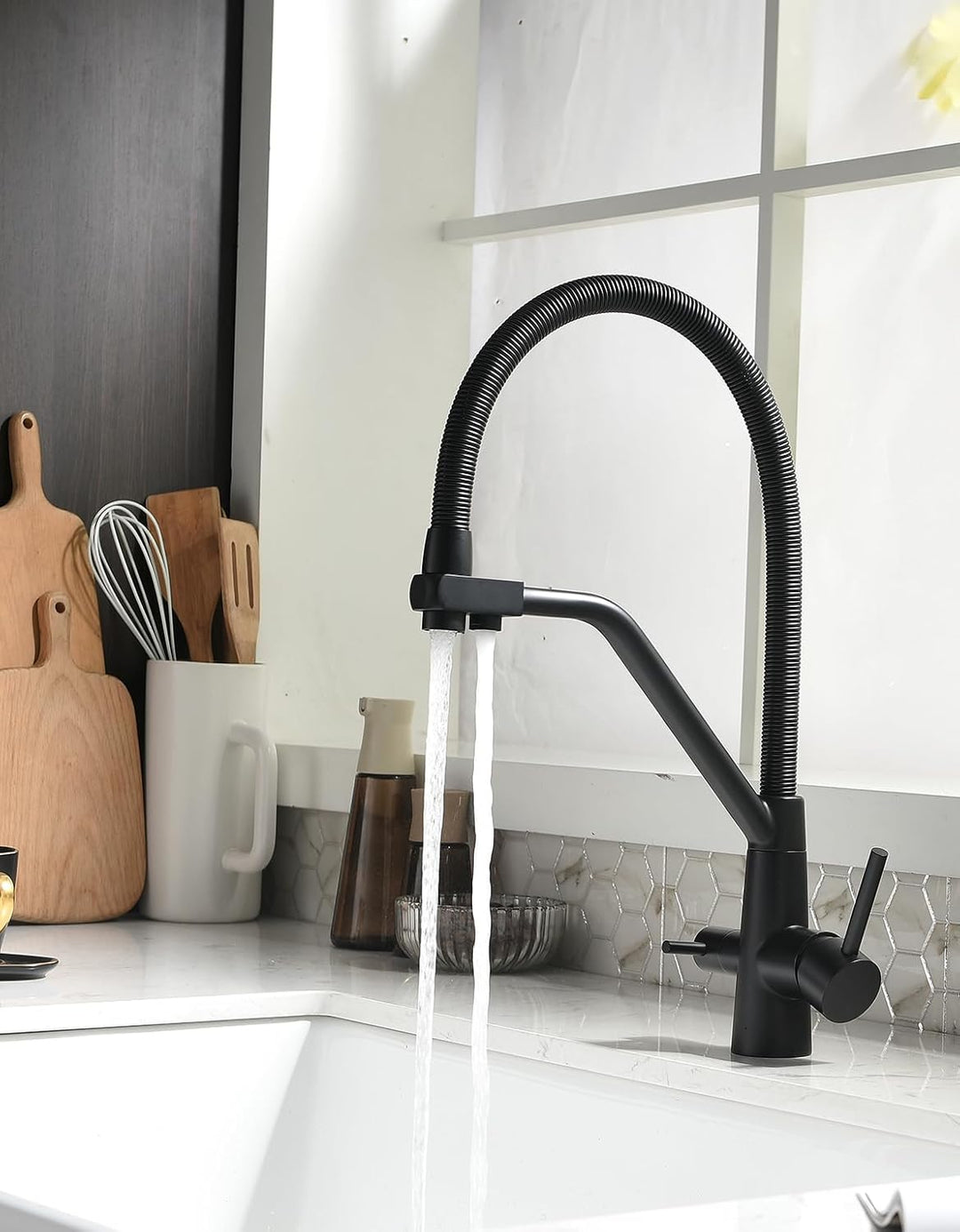 TIMACO 3 Wege Wasserhahn Küche Schwarz,Küchenarmatur-360° Drehbar,mit 3 in 1 Wasserhahn für Wasserfi