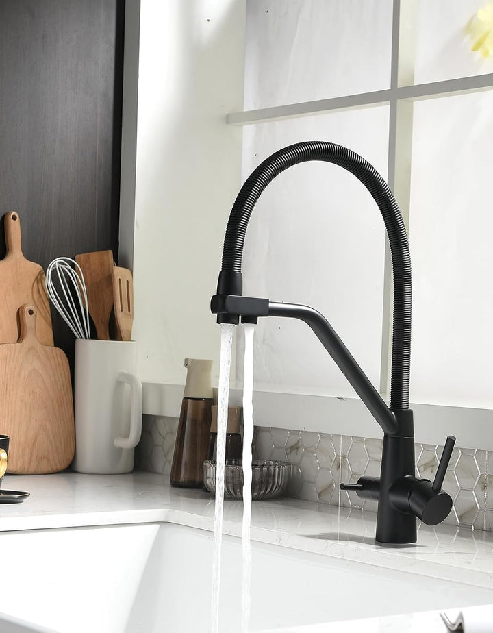 TIMACO 3 Wege Wasserhahn Küche Schwarz,Küchenarmatur-360° Drehbar,mit 3 in 1 Wasserhahn für Wasserfi