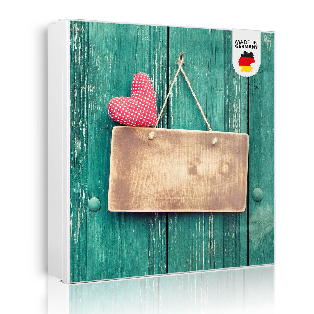 banjado® Grosser Schlüsselkasten Glas/Schlüsselbox 30cm x 30cm mit 50 Haken - Motiv Tür mit Herz/Sch