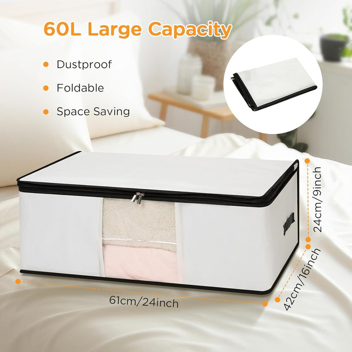 Cozary 3 Stück 60L Unterbett Aufbewahrungsbox, Faltbare Aufbewahrungstasche mit Deckel und Klaren Fe
