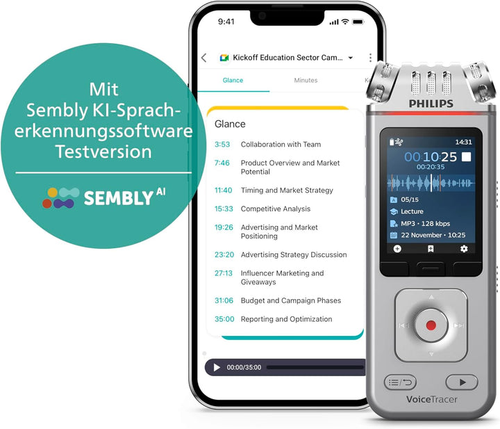 Philips DVT4115 VoiceTracer, Audio Recorder, MP3/PCM, 3 HiFi-Mikrofone, exzellente Fernaufnahme, Ink