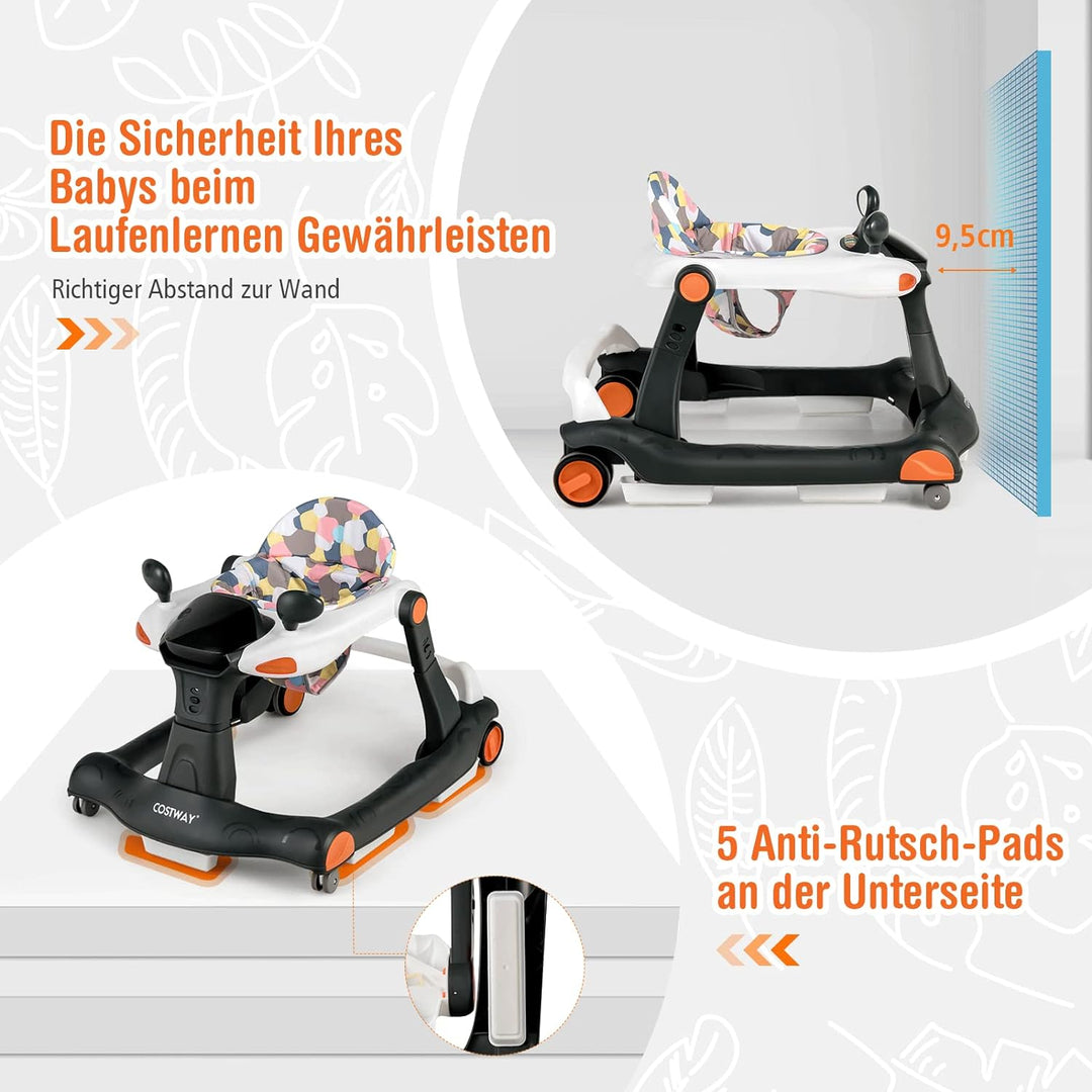 COSTWAY 2-in-1 Lauflernhilfe klappbar, Baby Walker höhenverstellbar, Gehfrei mit Musik & Licht, Lauf