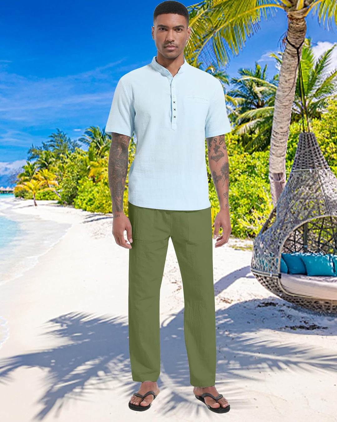 LVCBL Leinenhose Herren Sommer Herbst Lose Lässige Leinenhose mit Taschen Elastischer Bund M Grün, M