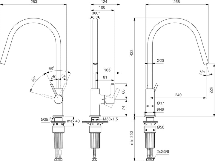 Ideal Standard – Gusto Küchenarmatur, Hoher Auslauf mit zylindrischem Querschnitt, mit FirmaFlow Kar