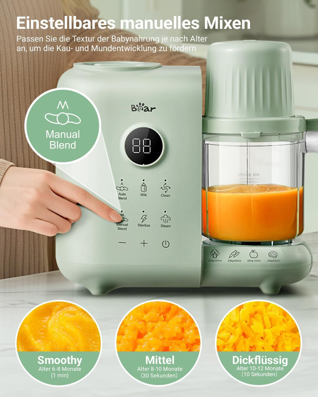 Bear 6-in-1 Dampfgarer mit Mixer Premium Babynahrungszubereiter,Dämpfen, automatisches Rühren, Milch