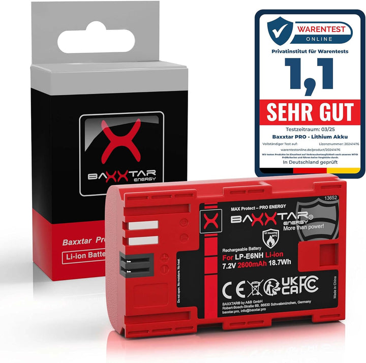 Baxxtar MaxProtect LP-E6NH Kamera-Akku (2400mAh) mit aktivem NTC-Sensor und V1 Schutzgehäuse - kompa
