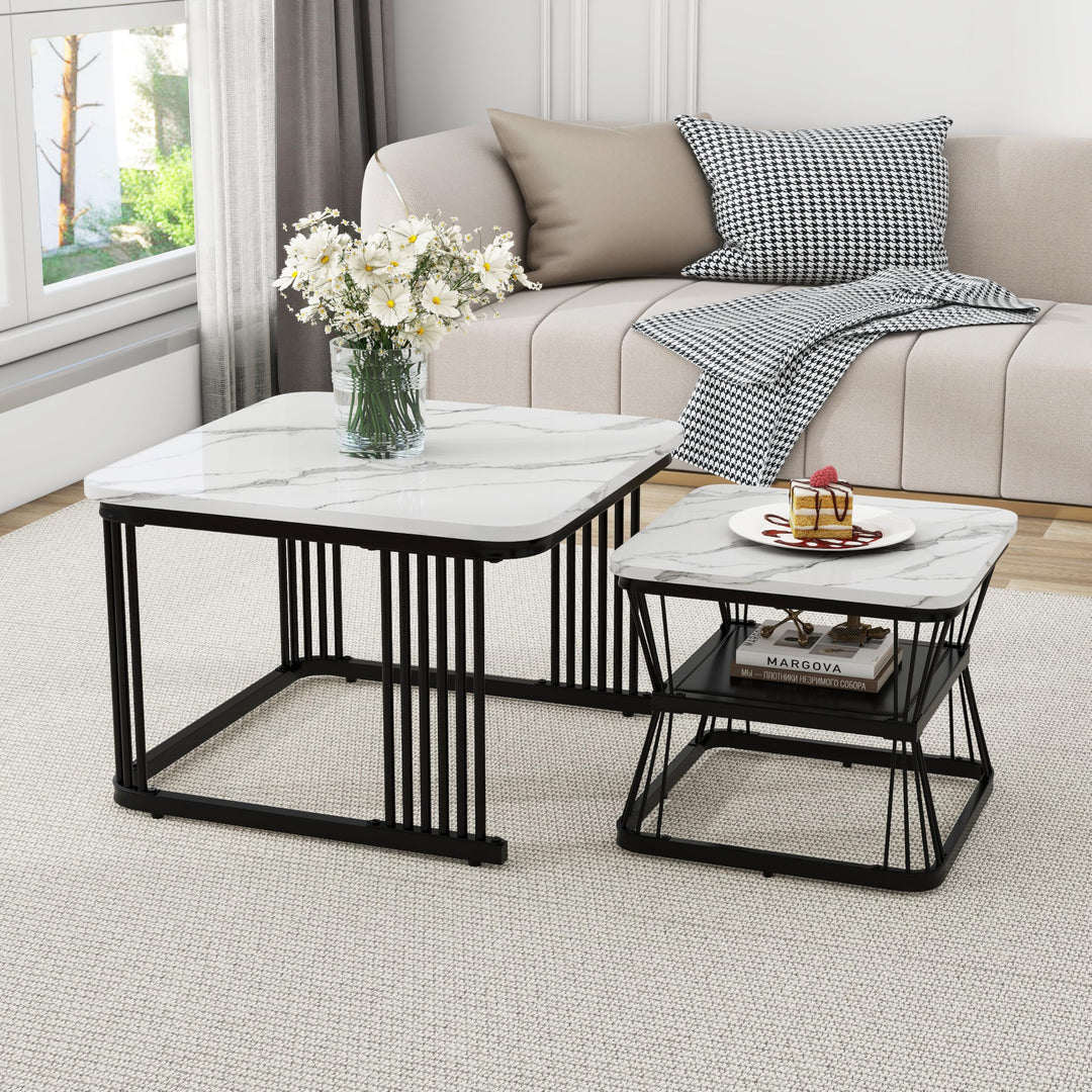Merax Quadratisch Couchtisch 2er Set, Moderne Wohnzimmertisch mit Marmoroptik, Hochglänzend Satztisc