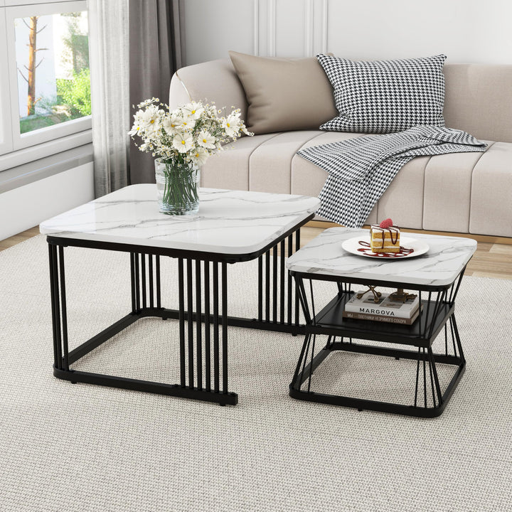 Merax Quadratisch Couchtisch 2er Set, Moderne Wohnzimmertisch mit Marmoroptik, Hochglänzend Satztisc
