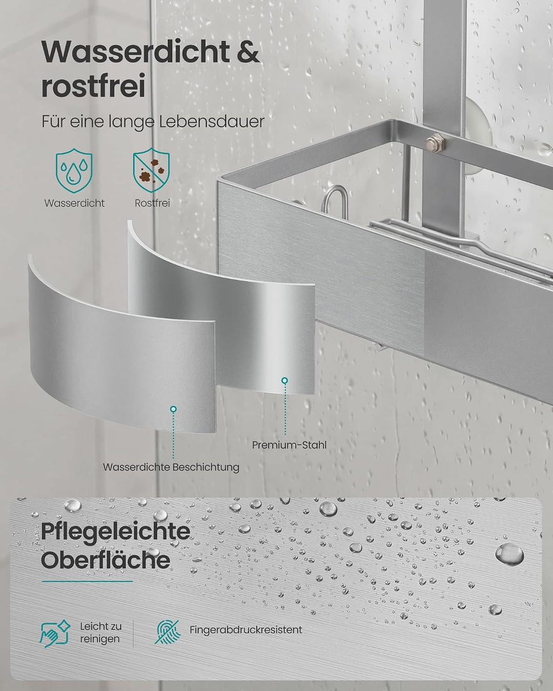 SONGMICS Duschablage ohne Bohren, 2 Ebenen Duschregal zum Hängen, Silber | Badezimmer Organizer mit