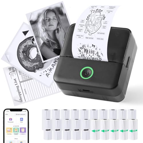 PRAOAHEI Mini Drucker, Tragbarer Fotodrucker mit 20 Rollen Druckerpapier, Bluetooth-Etikettendrucker