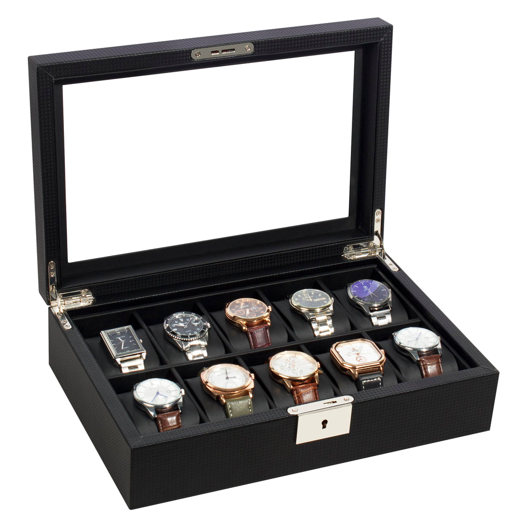 KILHS Uhrenbox mit 10 Fächern, Uhrenkasten mit grossem Glasdeckel, herausnehmbares Uhrenkissen, absc