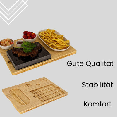 Lavastein Steakbrett, Servierplatte, Bambusbrett mit Hot Stone Grill, Steak Grillplatte, Steinplatte