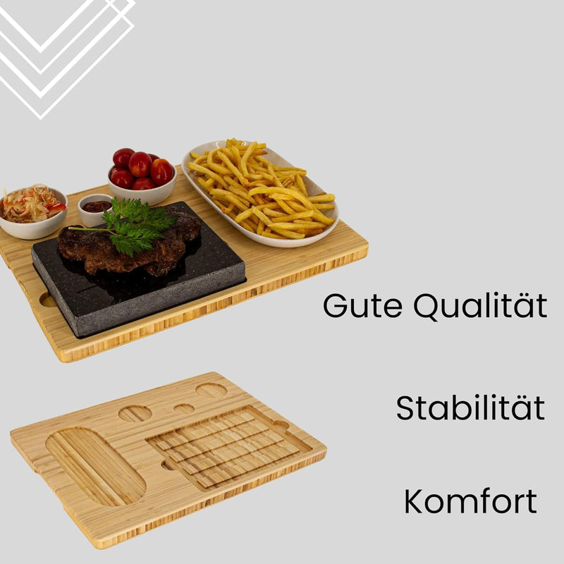 Lavastein Steakbrett, Servierplatte, Bambusbrett mit Hot Stone Grill, Steak Grillplatte, Steinplatte