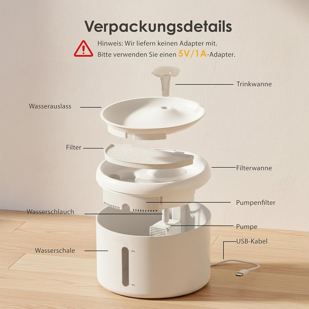 Katzenbrunnen Trinkbrunnen für Katze 2,5L Grosse Kapazität, Ultra-leise 8dB, 6-Stufen-Filtersystem m