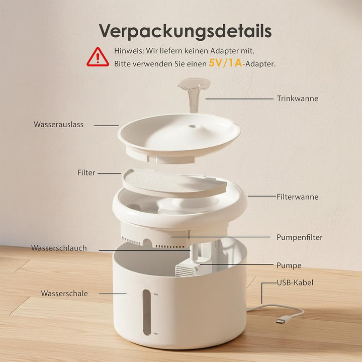 Katzenbrunnen Trinkbrunnen für Katze 2,5L Grosse Kapazität, Ultra-leise 8dB, 6-Stufen-Filtersystem m