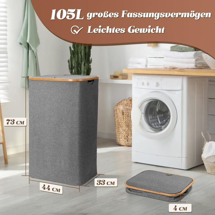 OUSFOT Wäschekorb mit Deckel 105L Wäschesammler faltbar aus 600D Oxford-Gewebe mit Abnehmbarem Wäsch