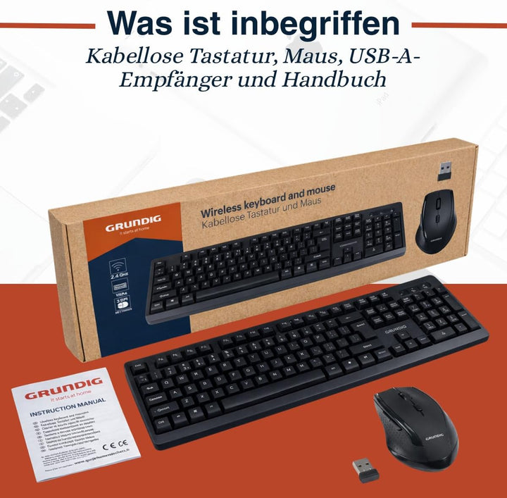 Grundig Kabelloses Tastatur- und Maus-Set - QWERTY mit 104 Tasten - Computermaus mit 3 DPI-Stufen -