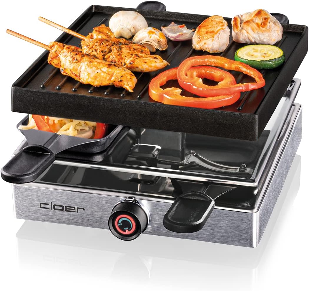 Cloer 6454 Raclettegrill mit Aluminium-Druckguss Platte, 750 W, 4 antihaftbeschichtete Raclettepfänn