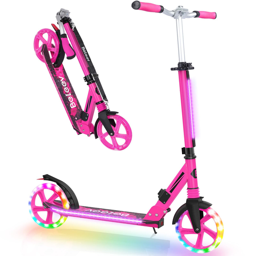 BELEEV V8 Big Wheel Scooter mit LED Leuchtenden Lenksäule &Deck, Höhenverstellbar, ABEC-9, 200mm Räd