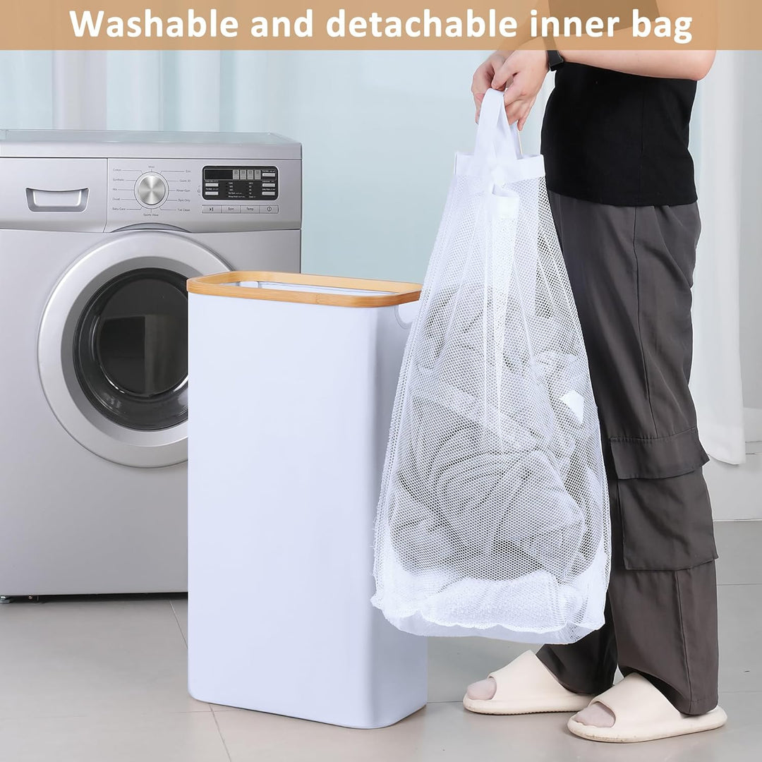 iEGrow Wäschekorb mit Deckel 60L, Schmal mit herausnehmbarer und waschbarer Innentasche, Bambus, fal