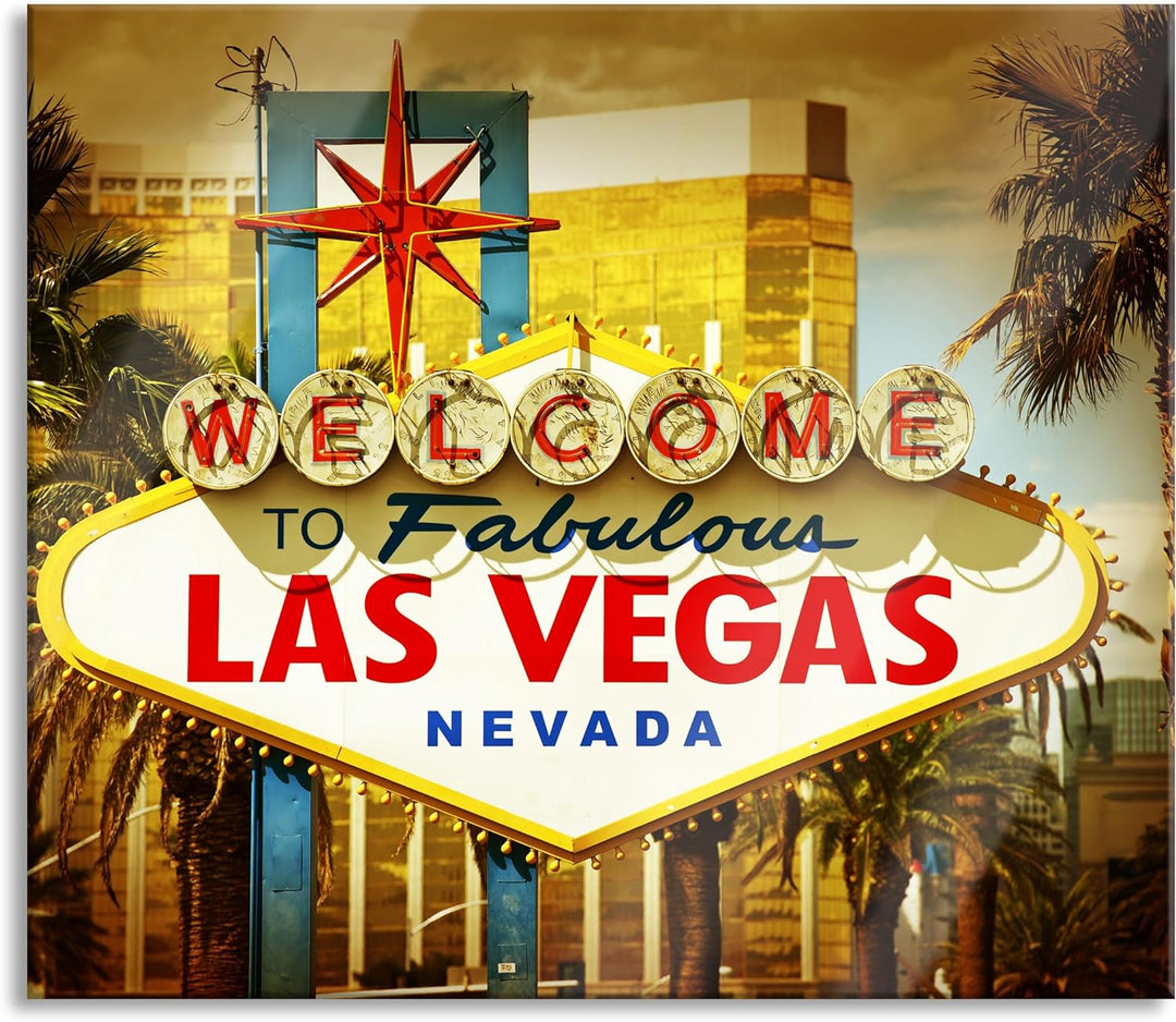 Las Vegas Ortseingangsschild Herdabdeckplatte & Spritzschutz aus Echtglas | Für Herd-Kochfelder | 60