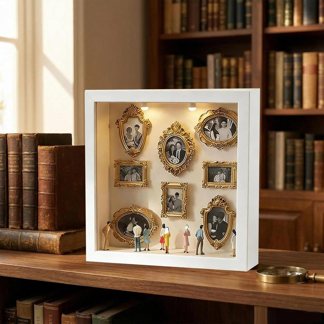 DIY-Mini-Museums-Silhouettenbox Foto-Erinnerungsset:Bilderrahmen mit LED-Licht, 8 Mini-Goldrahmen 8