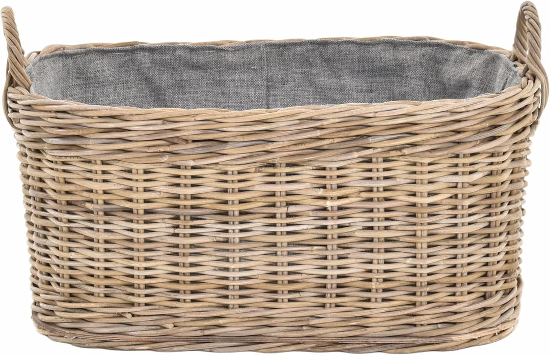 Holzkorb für Kaminholz Rattan geflochten mit Griffen und Stoff Tragekorb Holz (Grau Natur, 64x50cm)