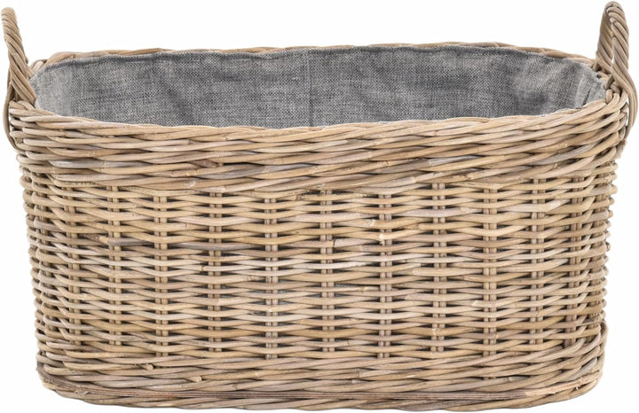 Holzkorb für Kaminholz Rattan geflochten mit Griffen und Stoff Tragekorb Holz (Grau Natur, 64x50cm)