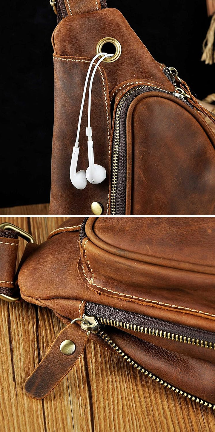 Le’aokuu Herren Echtes Leder Brusttasche Crossbody Bag Sling Bag Schultertasche Rucksäcke Freitzeit