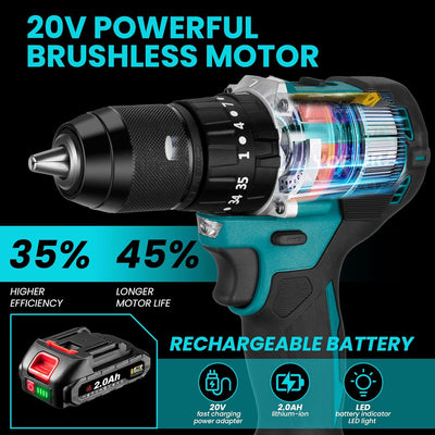 ONEVAN 35+3 Akkubohrer Akku Bohrmaschine, 18V Akku Schlagbohrschrauber mit 2 2.0Ah Akkus, 50N.m Elek