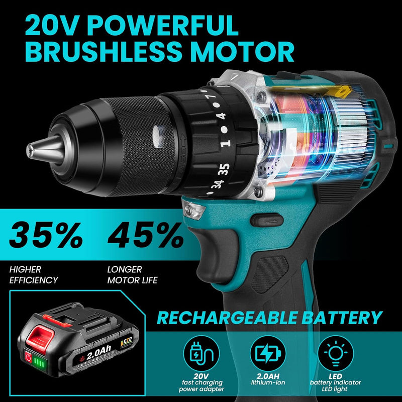 ONEVAN 35+3 Akkubohrer Akku Bohrmaschine, 18V Akku Schlagbohrschrauber mit 2 2.0Ah Akkus, 50N.m Elek