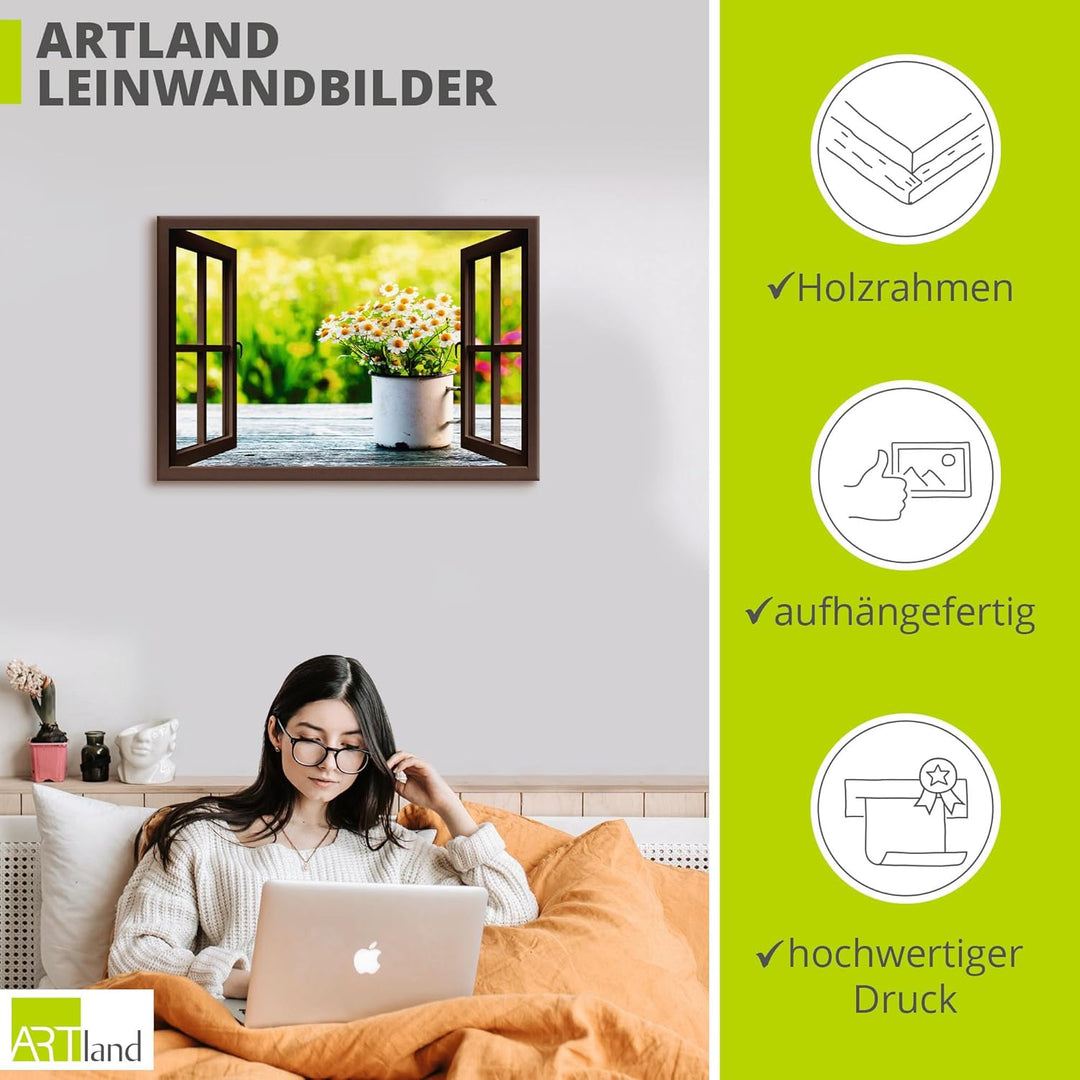 Artland Leinwandbild Wandbild Bild auf Leinwand 100x70 cm Wanddeko Fensterblick Fenster Botanik Blum