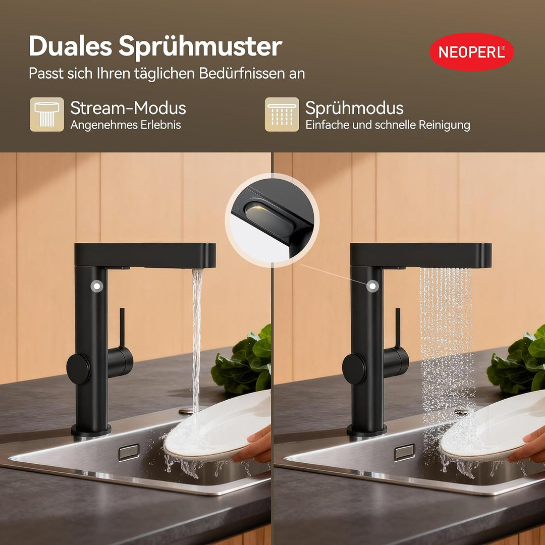 ALPHA HOME Wasserhahn Küche Schwarz, 2 Modi Küchenarmatur mit Brause Ausziehbar, Armatur Küche 360°