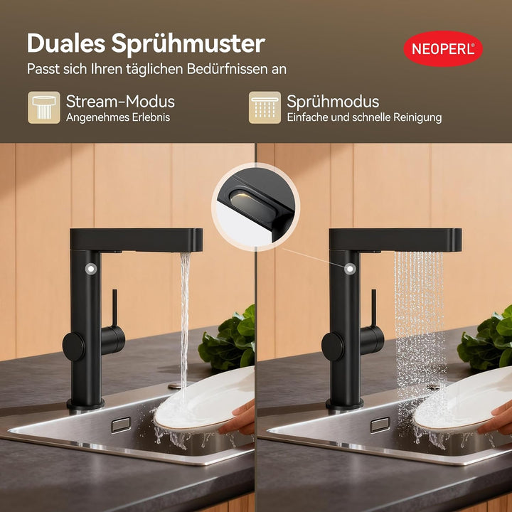 ALPHA HOME Wasserhahn Küche Schwarz, 2 Modi Küchenarmatur mit Brause Ausziehbar, Armatur Küche 360°