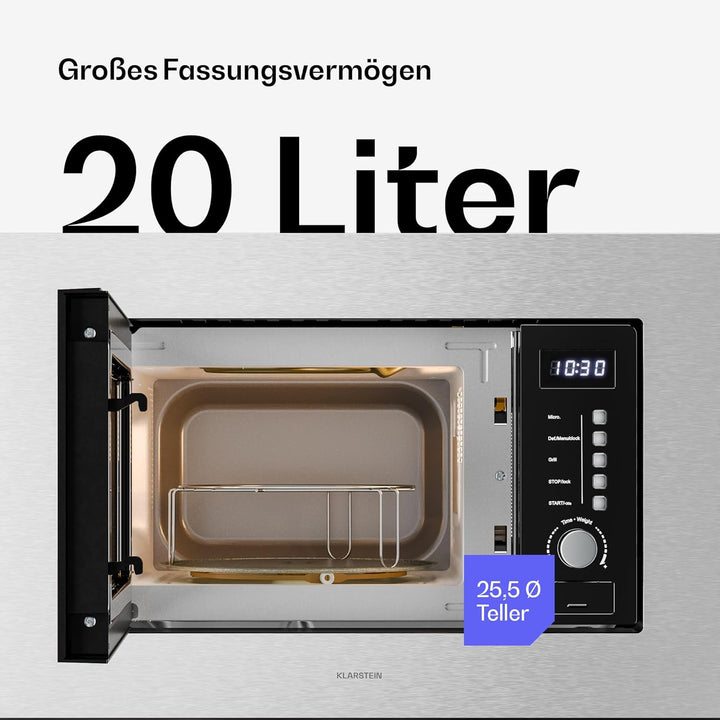 Klarstein Verosteel Einbaumikrowelle 60 cm mit Grill – 20L, 700W Mikrowelle & 800W Grill, 8 Programm