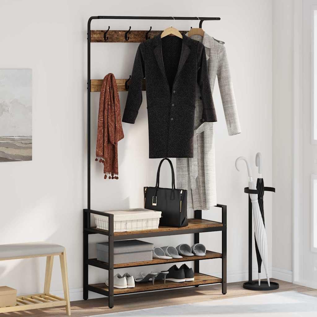 Hothingwell Garderobenständer aus Holz, antik, 95 x 34 x 184 cm, Ingenieurholz | Integrierte Aufbewa