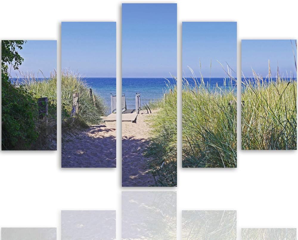 Feeby Leinwandbild 5 Teilig Landschaft Bild Wanddeko Strand Gras Pfad blau 150x100 cm Leinwandbild 1