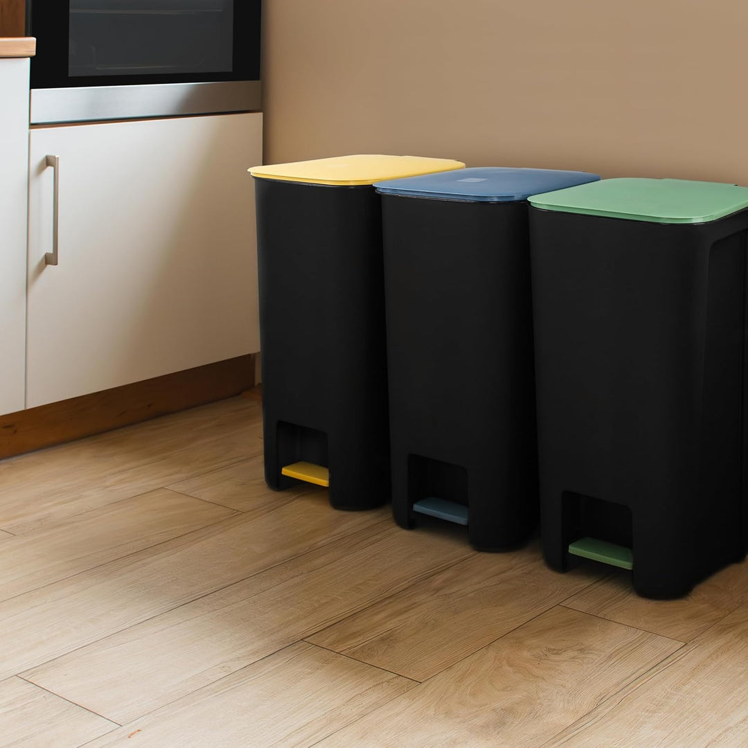 Treteimer Set 3x 40L, Tretmülleimer mit Pedal, Gelb, Grün, Blau Mülleimer, Mülltrennsystem für Papie