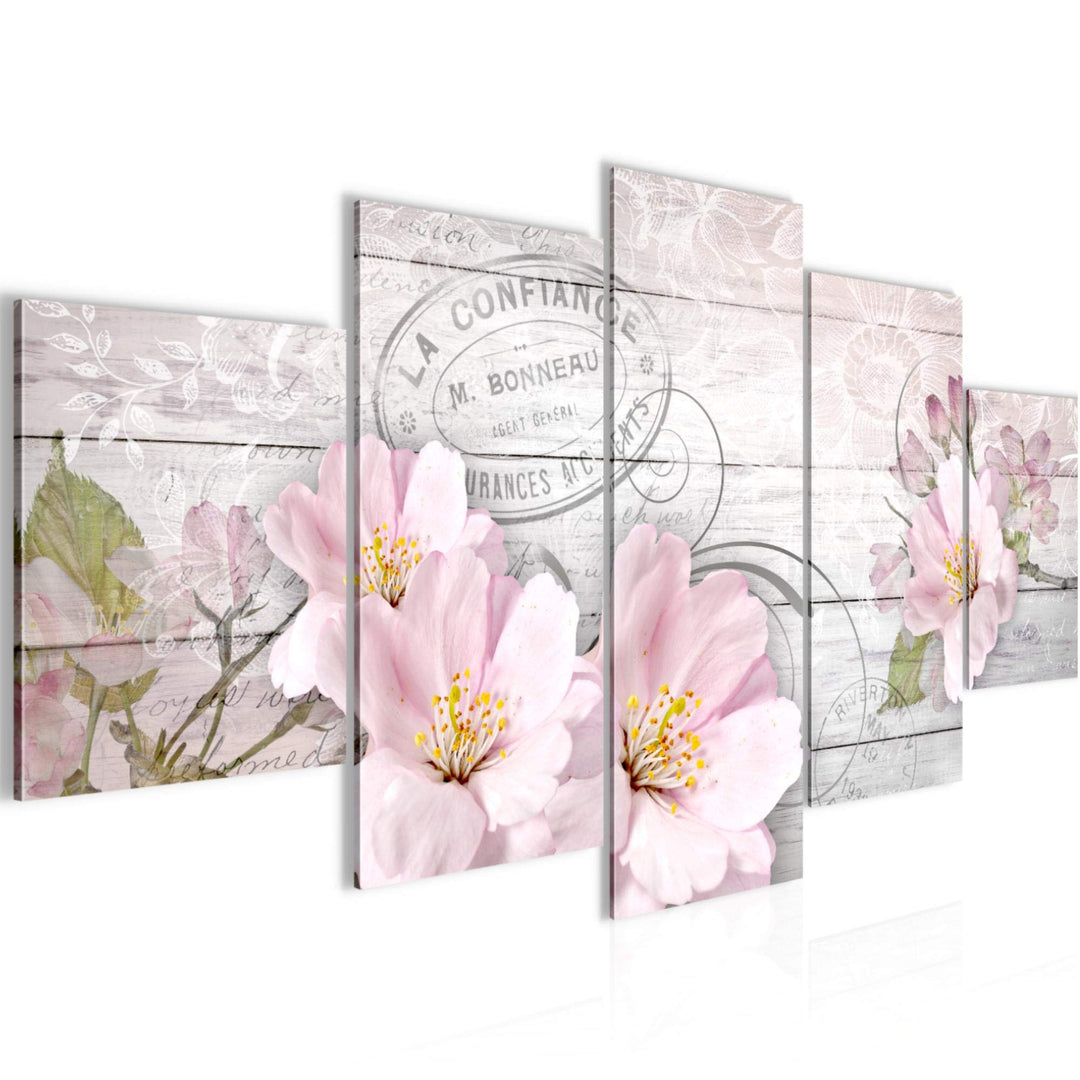 Runa Art Wandbilder Vintage Blumen 5 Teilig Bild auf Vlies Leinwand Deko Wohnzimmer Holzoptik Grau R