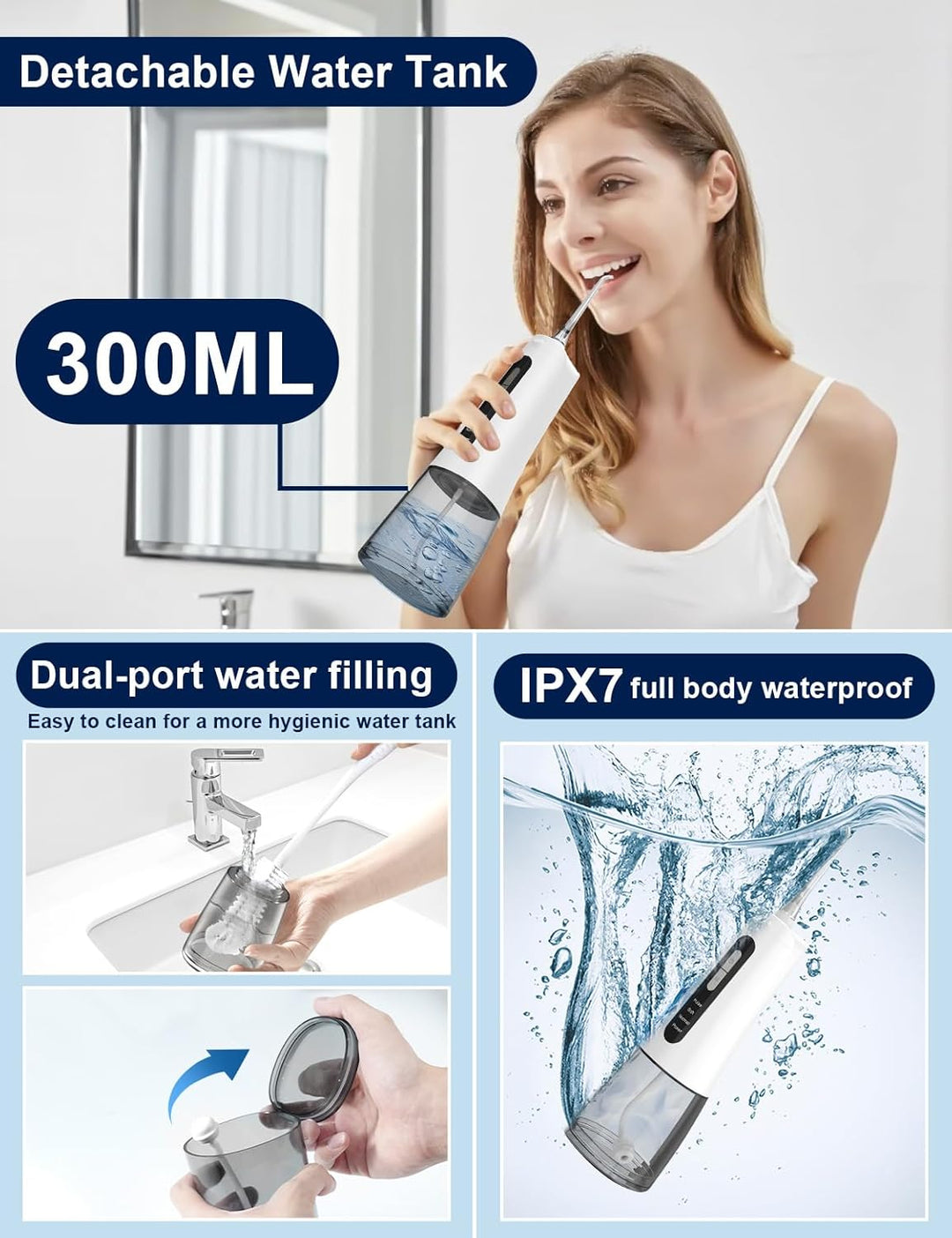 Munddusche Testsieger 2026 mit 300ML Wassertank, 4 Modi Water Flosser Kabellose Zahnreinigung, IPX7