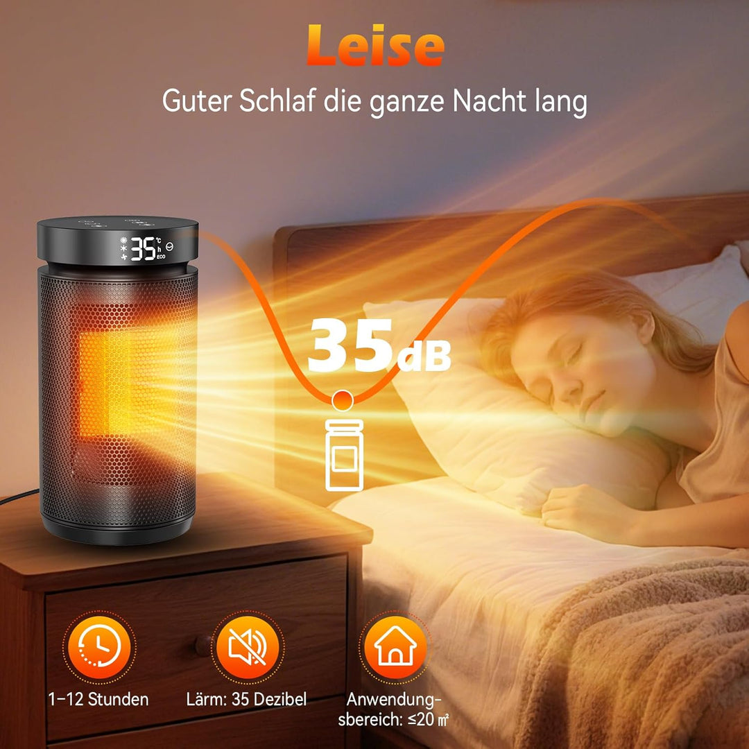 Effizienter Energiesparender Heizlüfter, 1500W PTC Keramik, nur 34 dB leise! Mit Thermostat, 12 Std.