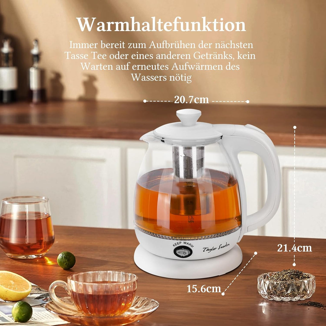 Taylor Swoden Wasserkocher Glas 1 Liter, 2200 W, Elektrischer Wasserkocher mit LED-Beleuchtung, BPA-